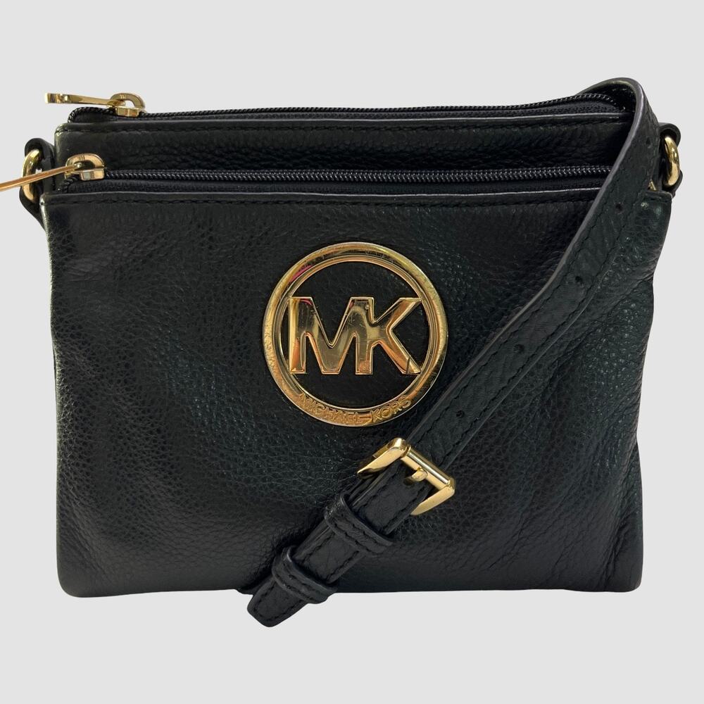 Michael Kors Jet Set Travel Crossbody Black Pebbled Leather Gold MK Logo